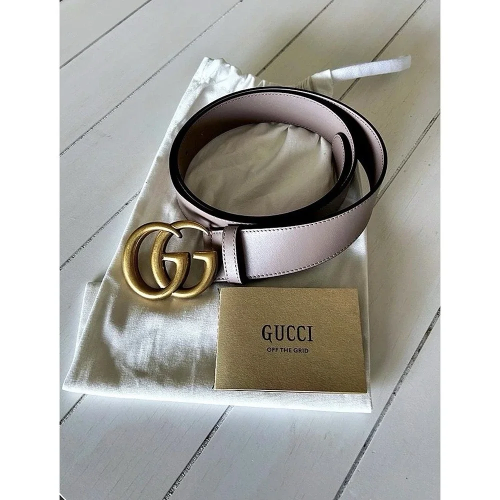 Authentic Gucci Marmont Taupe Dusty Pink GG Belt Gold Buckle size 38 w/ Bag